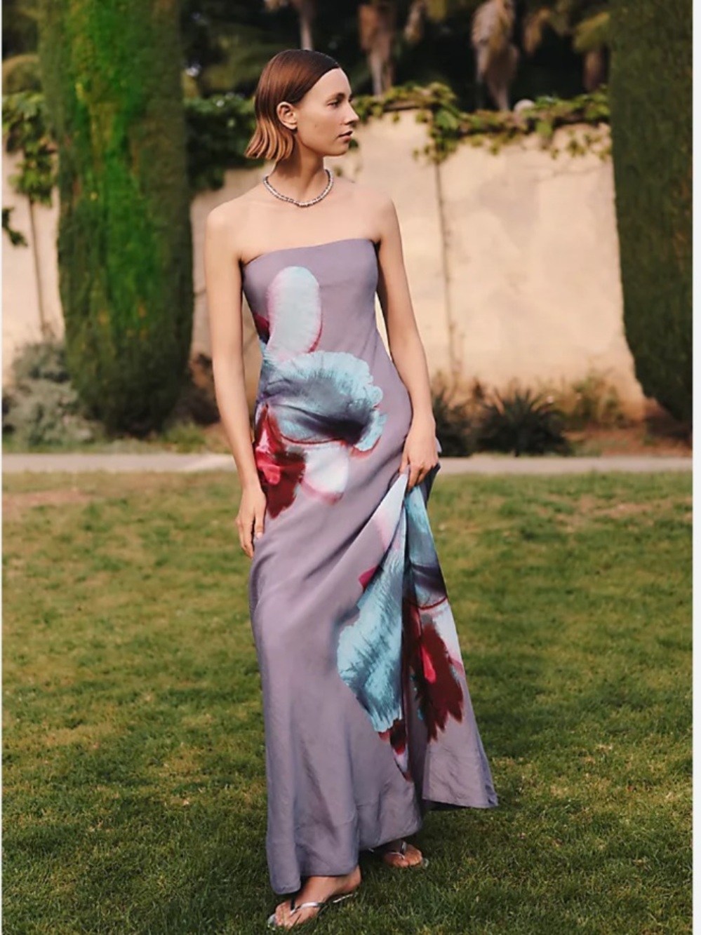 Amur Dress Quelina Strapless Maxi Linen-Blend in Nimbus Orchid Grey Floral